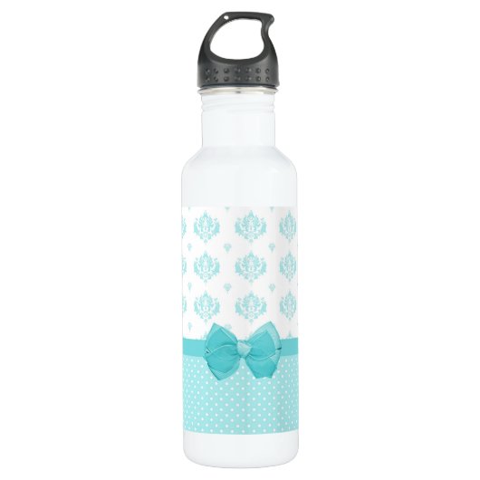 Aqua Blue Damask mit türkisfarbenem Ribbon Edelstahlflasche (Vorderseite)