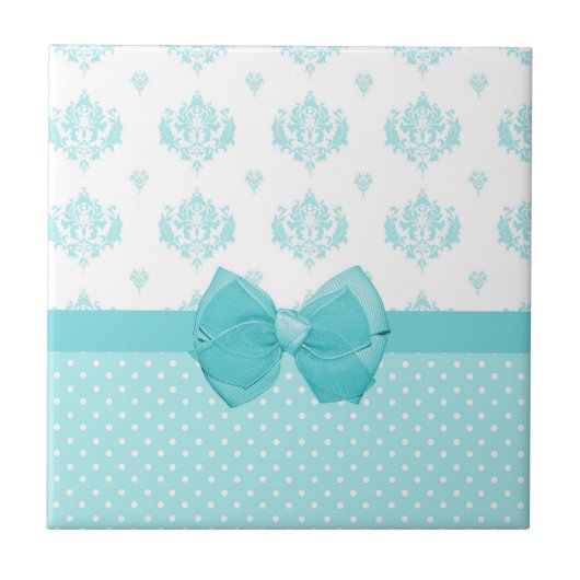 Aqua Blue Damask mit türkisfarbenem Ribbon Fliese (Vorderseite)