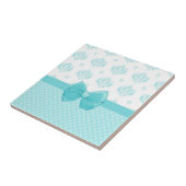 Aqua Blue Damask mit türkisfarbenem Ribbon Fliese (Seite)