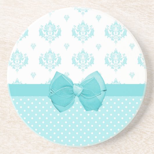 Aqua Blue Damask mit türkisfarbenem Ribbon Sandstein Untersetzer (Vorne)