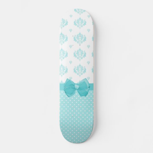 Aqua Blue Damask mit türkisfarbenem Ribbon Skateboard (Vorderseite)