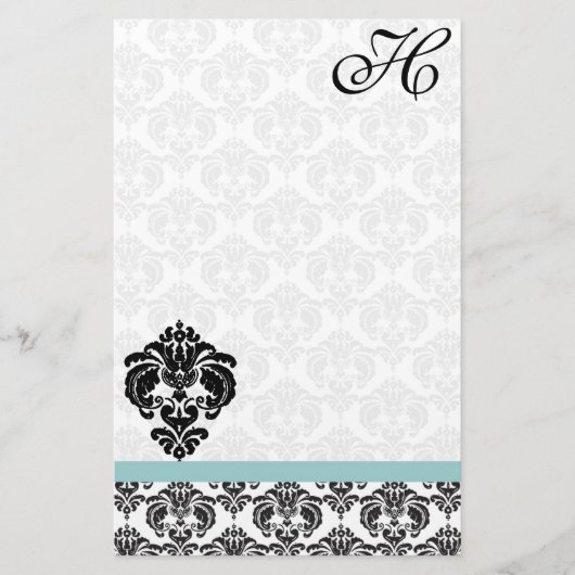 Aqua Blue Damask Monogram Gerecycelt Papier (Vorderseite)