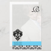 Aqua Blue Damask Monogram Wedding Briefpapier (Vorne/Hinten)