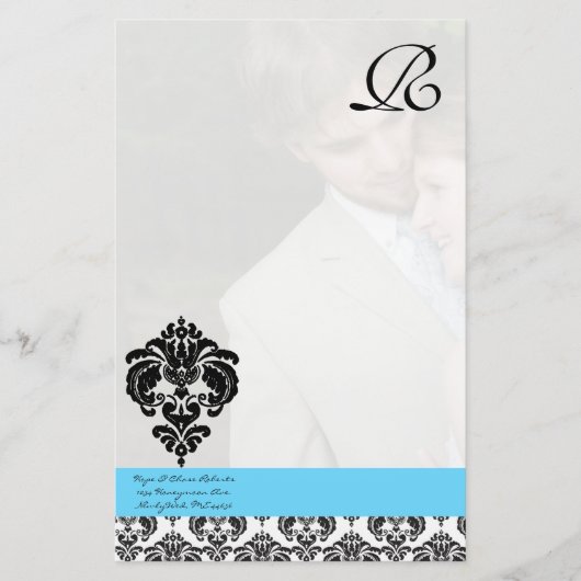 Aqua Blue Damask Monogram Wedding Briefpapier (Vorderseite)