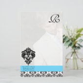 Aqua Blue Damask Monogram Wedding Briefpapier (Stehend Vorderseite)