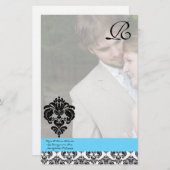 Aqua Blue Damask Monogram Wedding Briefpapier (Vorne/Hinten)