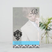Aqua Blue Damask Monogram Wedding Briefpapier (Stehend Vorderseite)