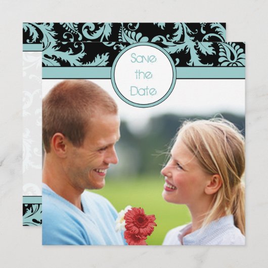 Aqua Blue Damask on Black Wedding Einladung (Vorne/Hinten)