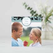 Aqua Blue Damask on Black Wedding Einladung (Stehend Vorderseite)