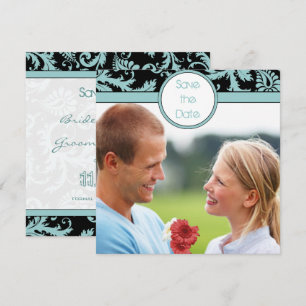 Aqua Blue Damask on Black Wedding Einladung