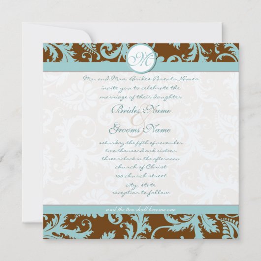 Aqua Blue Damask on Brown Christion Wedding Einladung (Vorderseite)