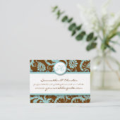 Aqua Blue Damask on Brown Damask Wedsite Cards Visitenkarte (Stehend Vorderseite)