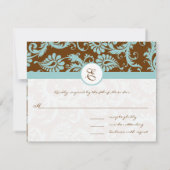 Aqua Blue Damask on Brown Wedding Einladung (Rückseite)