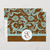 Aqua Blue Damask on Brown Wedding Einladung (Vorne/Hinten)
