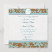 Aqua Blue Damask on Brown Wedding Einladung (Vorderseite)