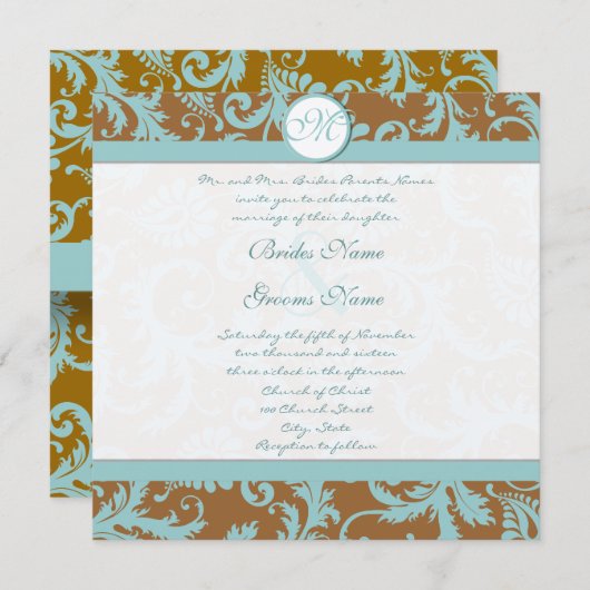 Aqua Blue Damask on Brown Wedding Einladung (Vorne/Hinten)