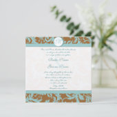 Aqua Blue Damask on Brown Wedding Einladung (Stehend Vorderseite)