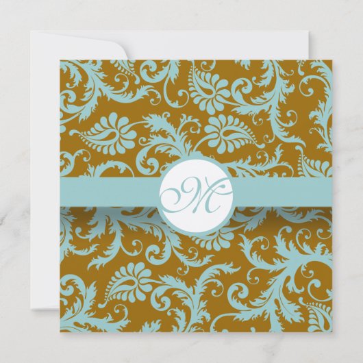 Aqua Blue Damask on Brown Wedding Einladung (Rückseite)