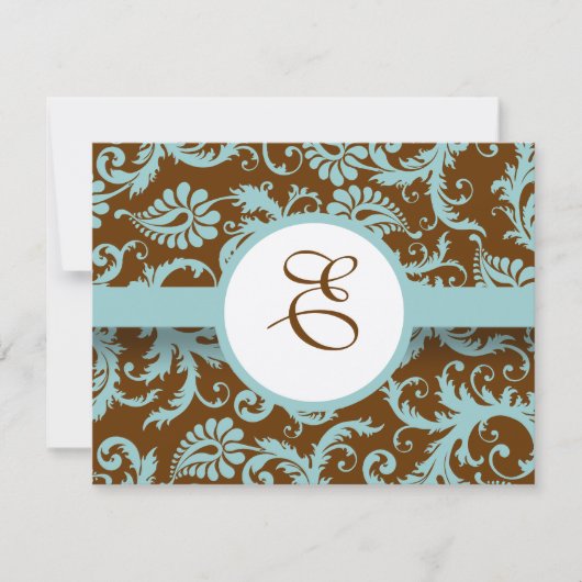Aqua Blue Damask on Brown Wedding Einladung (Vorderseite)