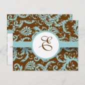 Aqua Blue Damask on Brown Wedding Einladung (Vorne/Hinten)