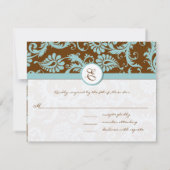 Aqua Blue Damask on Brown Wedding Einladung (Rückseite)