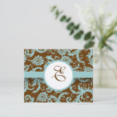 Aqua Blue Damask on Brown Wedding Einladung (Stehend Vorderseite)