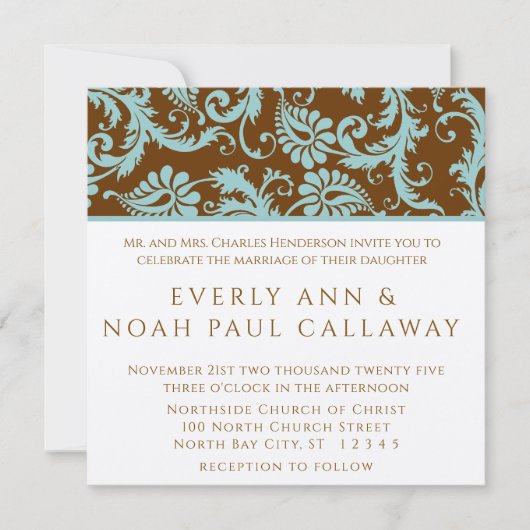 Aqua Blue Damask on Brown Wedding Einladung (Vorderseite)