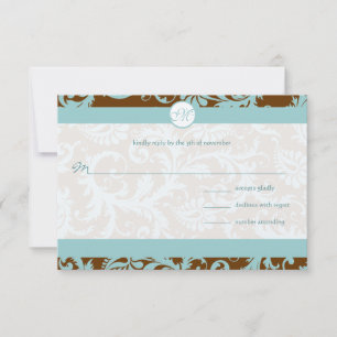 Aqua Blue Damask on Brown Wedding Einladung
