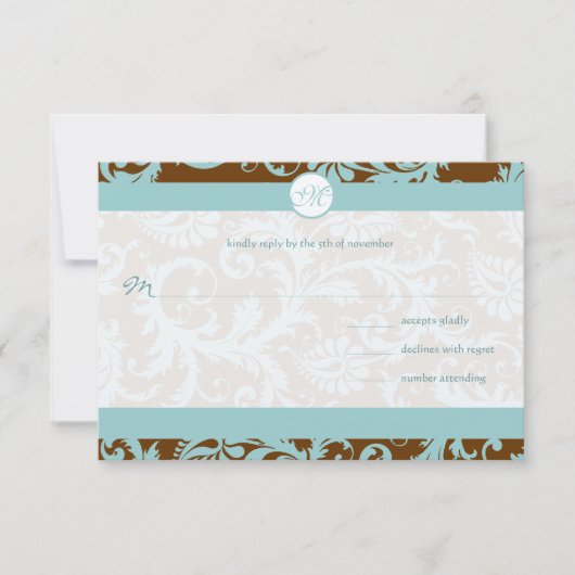 Aqua Blue Damask on Brown Wedding Einladung (Vorderseite)