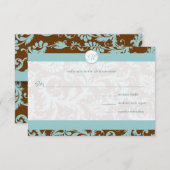 Aqua Blue Damask on Brown Wedding Einladung (Vorne/Hinten)
