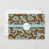 Aqua Blue Damask on Brown Wedding Einladung (Rückseite)