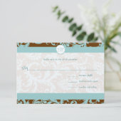 Aqua Blue Damask on Brown Wedding Einladung (Stehend Vorderseite)