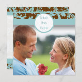 Aqua Blue Damask on Brown Wedding Einladung (Vorne/Hinten)