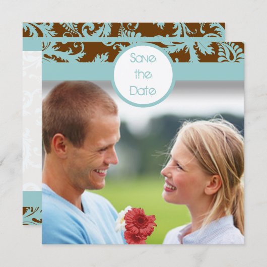 Aqua Blue Damask on Brown Wedding Einladung (Vorne/Hinten)