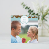 Aqua Blue Damask on Brown Wedding Einladung (Stehend Vorderseite)