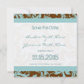 Aqua Blue Damask on Brown Wedding Einladung (Rückseite)