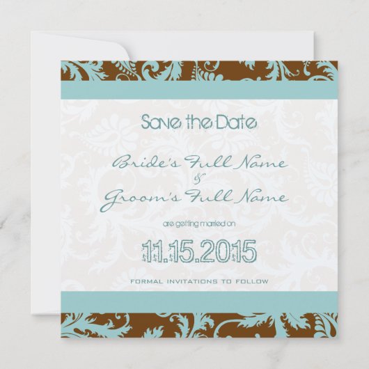 Aqua Blue Damask on Brown Wedding Einladung (Rückseite)