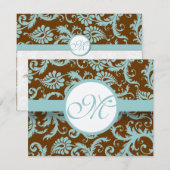 Aqua Blue Damask on Brown Wedding Einladung (Vorne/Hinten)