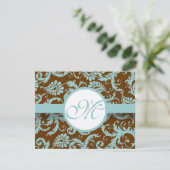Aqua Blue Damask on Brown Wedding Einladung (Stehend Vorderseite)
