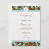 Aqua Blue Damask on Brown Wedding Einladung (Rückseite)