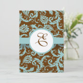 Aqua Blue Damask on Brown Wedding Einladung (Stehend Vorderseite)