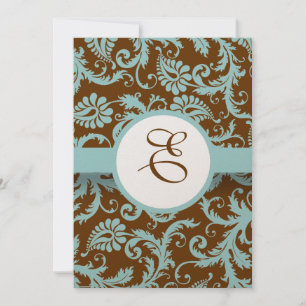 Aqua Blue Damask on Brown Wedding Einladung
