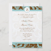 Aqua Blue Damask on Brown Wedding Einladung (Rückseite)