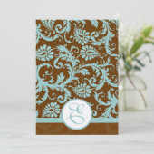 Aqua Blue Damask on Brown Wedding Einladung (Stehend Vorderseite)