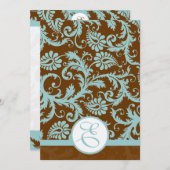 Aqua Blue Damask on Brown Wedding Einladung (Vorne/Hinten)