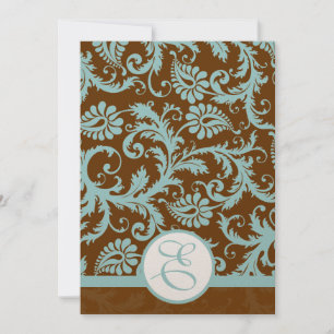 Aqua Blue Damask on Brown Wedding Einladung