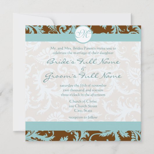Aqua Blue Damask on Brown Wedding Einladung (Vorderseite)