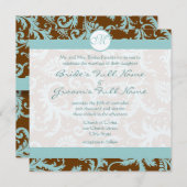 Aqua Blue Damask on Brown Wedding Einladung (Vorne/Hinten)