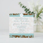 Aqua Blue Damask on Brown Wedding Einladung (Stehend Vorderseite)