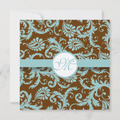Aqua Blue Damask on Brown Wedding Einladung (Rückseite)
